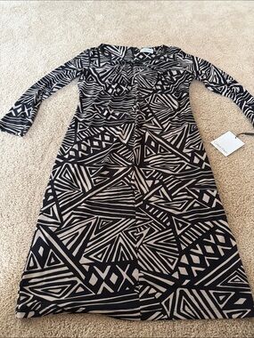 Calvin Klein Black and Beige Geometric-Print Long Sleeve Dress